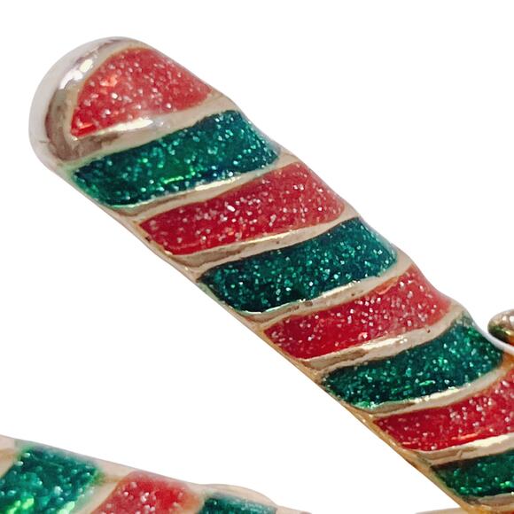 VTG Signed AAI Candy Cane Christmas Holiday Brooch Gold Tone Enamel Sparkling - Picture 5 of 11